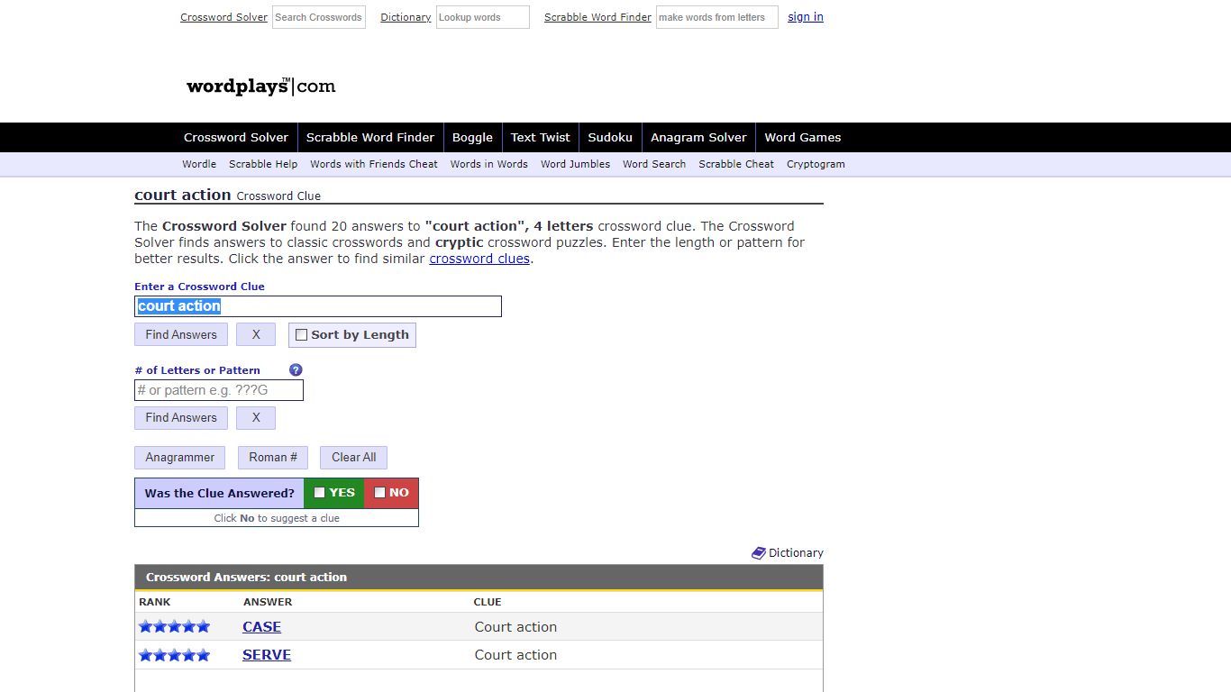 court action Crossword Clue | Wordplays.com